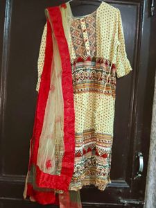 Red  Beige Embroidered Kurtas 2 and lower dupata