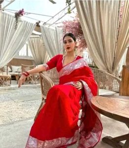Stunning Red Silk Saree with Silver Border