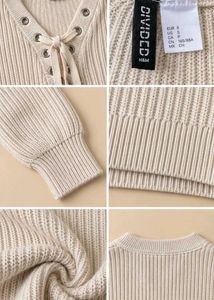 CREAM LACE-UP CROPPED KNIT SWEATER