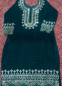 Teal Velvet Mirror Work Suit