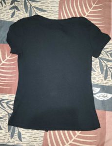 Black Ribbed T-Shirt with Tie Detail