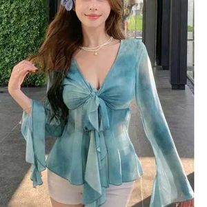 Chic Tie-Front Blue Tie-Dye Blouse
