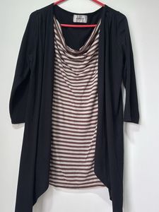 Chic Striped Top with Black Cardigan
