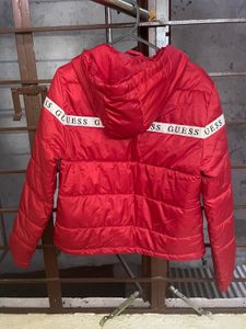 Red Guess Puffer Jacket with Logo Tape