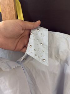 Blue Studded Crop Collar Shirt