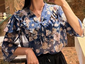 Blue Floral Ruffle Blouse