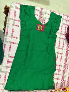 Vibrant Green Kurta with Purple Polka Dots