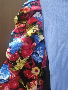 Blue Top with Floral Puff Sleeves