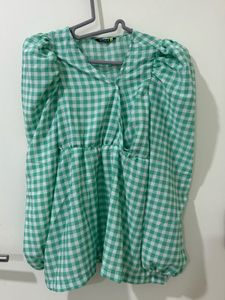Green Gingham Puff-Sleeve Peplum Top