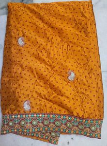 mustard Bandhani Saree with Embellished Border