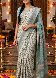 Vintage Floral Print Cotton Saree