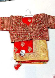 Embroidered Red silk saree  with readymade blouse