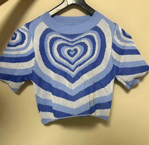 Blue Heart Print Cropped T-Shirt