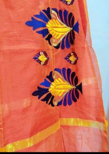 Coral Color Dupatta Blue Embroidry Work