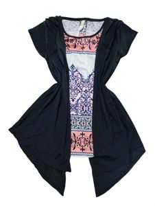 Chic Black Kimono Cardigan with Patterned Tube Top