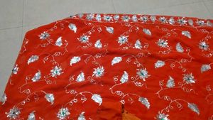 Elegant Orange Saree with Silver Embellishments