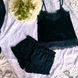 Elegant BlackH&amp;M Velvet Lace Cami Topwith shorts