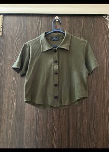 Olive Green Ribbed Button-Up Crop Top