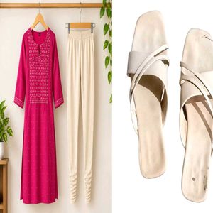 Elegant Pink Embroidered Kurta set with sandals