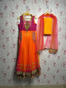 Stunning Orange &amp; Pink Anarkali Lehenga Choli