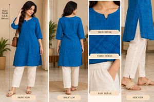 Blue short Kurta with white Pants
