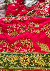 Elegant Red &amp; Green Embroidered Saree with bilauj