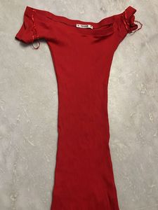 Red Off-Shoulder Ribbed Bodycon Dress