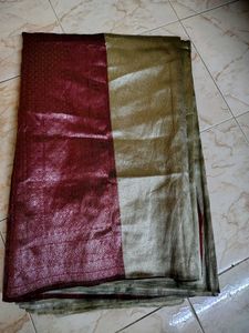 Elegant Silver Silk Saree with Maroon Border