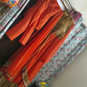 Designer Orange &amp; Gold Ethnic Gown