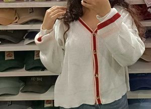 White Knit Cardigan with Red Trim