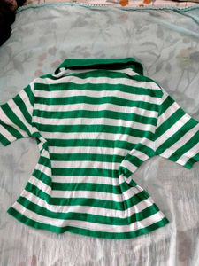 Green &amp; White Striped Polo T-Shirt