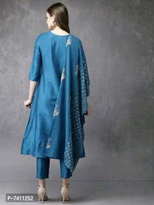 Stylish Blue Foil Print Kurta With Pant&amp; Dupatta