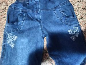Girls' Blue Denim Jeans with Floral Embroidery