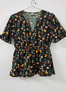 Dark Floral Print V-Neck Top