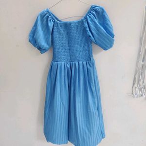 Blue Smocked Puff Sleeve Dress