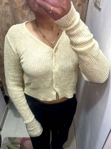Cream Knit Button-Up Cropped Sweater