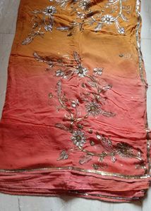 Embellished Saree - Coral &amp; Mustard