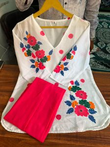 White and Pink Embroidered Co-ord Set