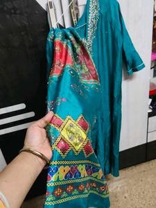 Teal Kurta Set with Embellished Neckline
