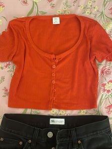 SSS CROP TOP Vibrant Orange Ribbed Button-Up