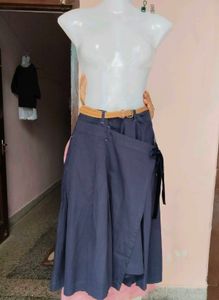 Stylish Navy Blue Wrap Style Flared Skirt