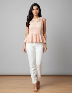 Elegant peach colour Lace Peplum Top