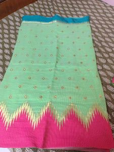 Light Green Saree with Pink &amp; Blue Blouse
