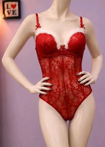 Red Lace Teddy Bodysuit with Fur Trim