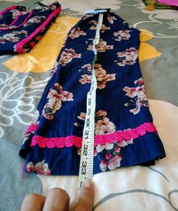 Navy Floral Kurta Set with Pink Trim