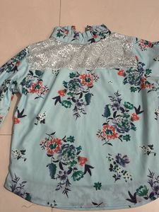 Light Blue Floral Lace Neck Top