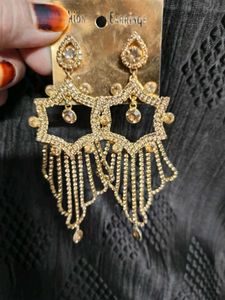 Gold Plated Stone Studded Long Dangler Earrings
