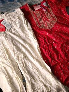 Red Embroidered Kurta with White Pant