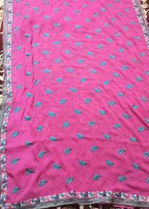 Beautiful Pink Saree with Leaf Embroidery