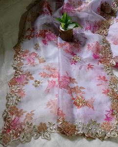 Floral print organza Saree with Embellished bo